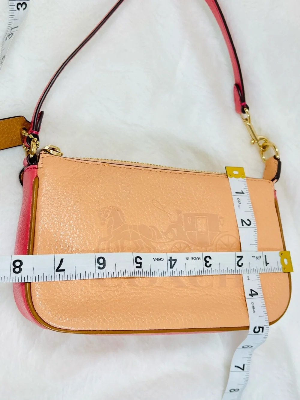 Coach Peach Pebbled Leather Shoulder Pouch with Pink Trim